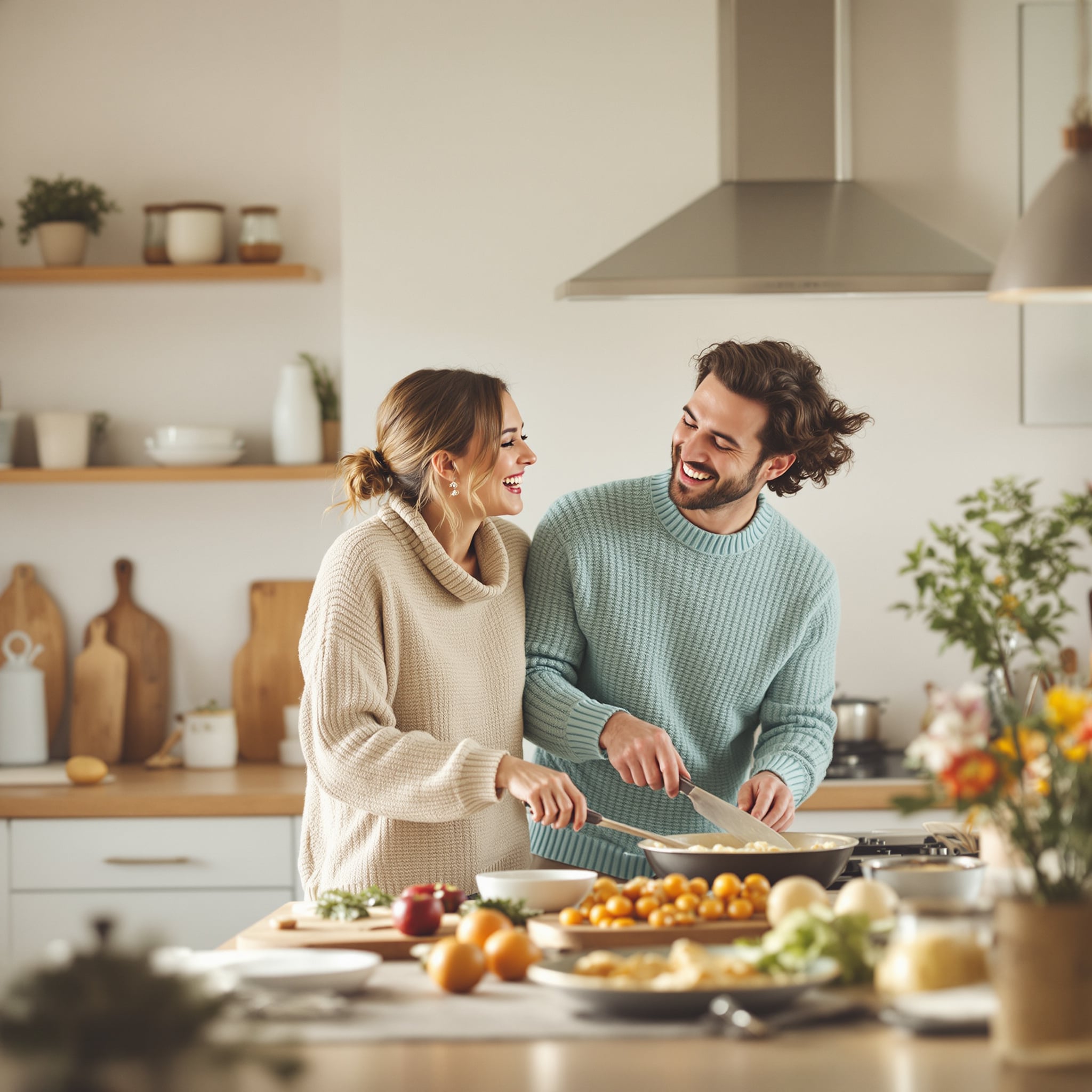 Paar kocht gemeinsam und lacht in der Küche